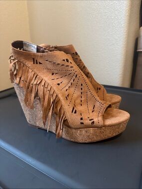 Not Rated Suede Fringe Cork Wedge Sandals - Tan